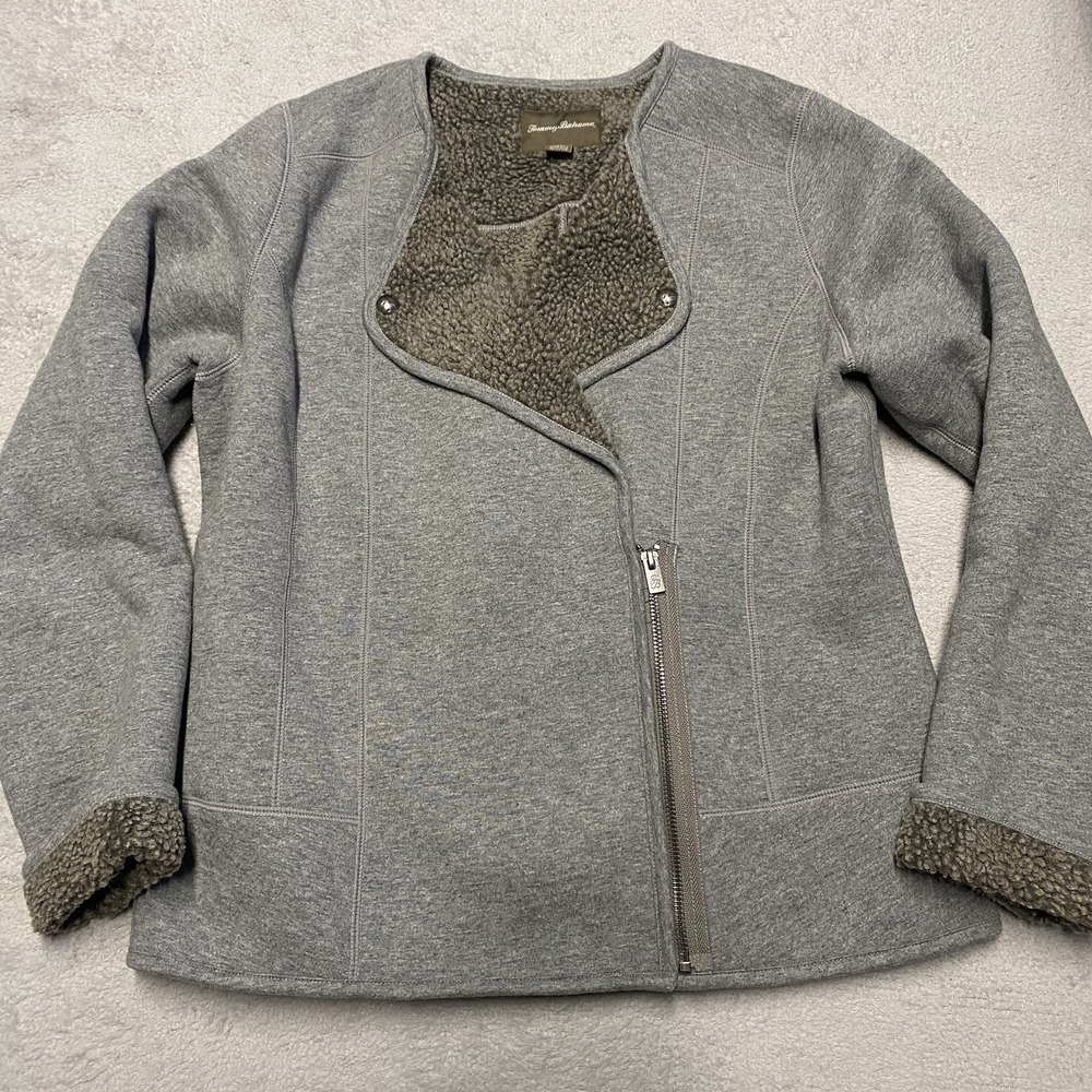 Tommy Bahama Cardigan Jacket‎ Womens Medium Gray Side Zip Sherpa Lined Casual